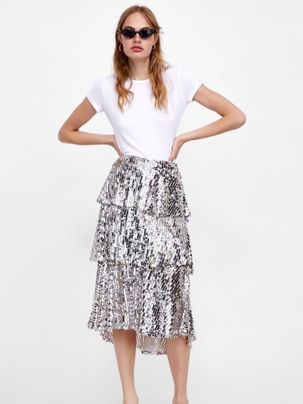 Zara Silver Sequin Tiered Midi Skirt